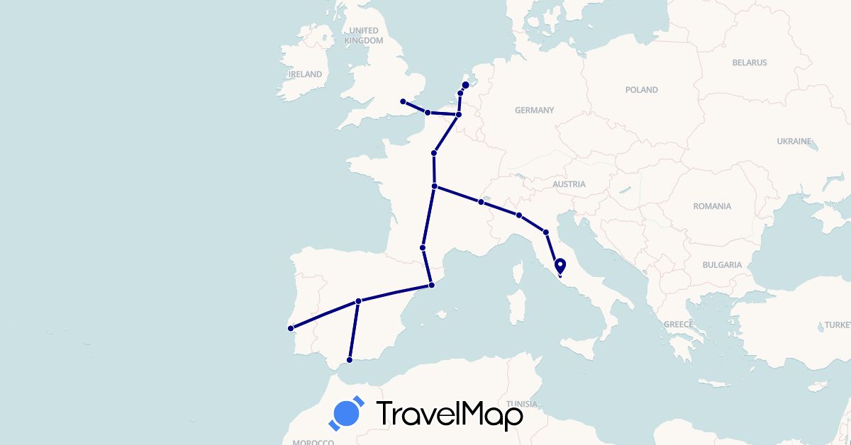 TravelMap itinerary: driving, train in Belgium, Switzerland, Spain, France, United Kingdom, Italy, Netherlands, Portugal (Europe)